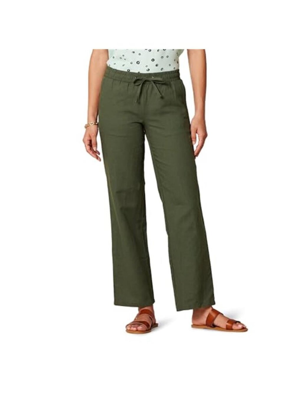 Womens Linen Blend Wide Leg Pants Drawstring Relaxed Fit Pull On Dark Olive Boho